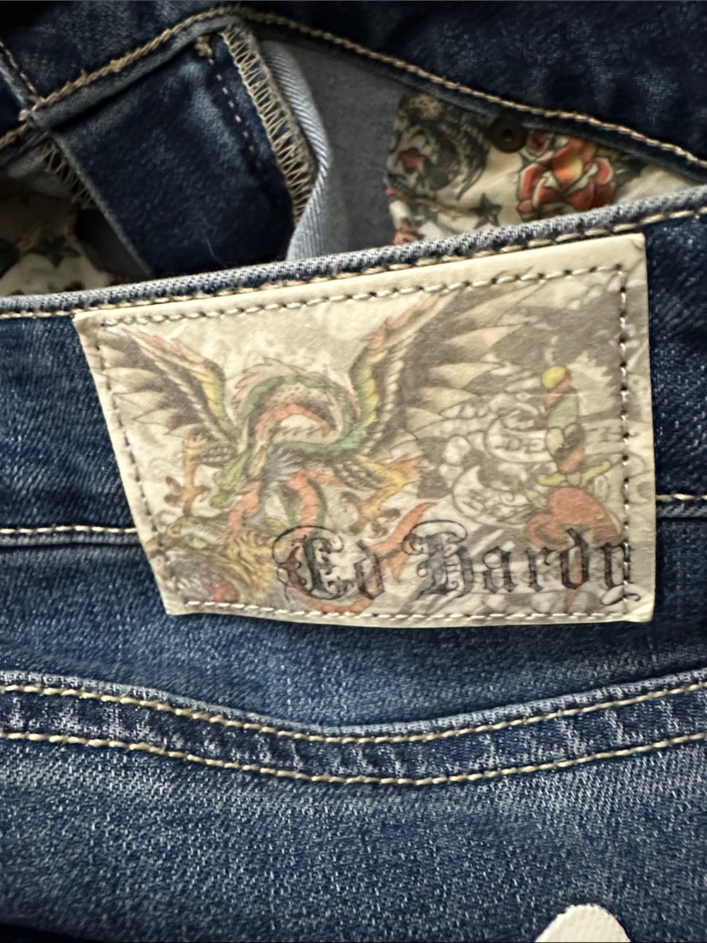 Ed Hardy Dark Blue Relaxed Straight-Leg Jeans with Embroidered Graphic - Picture 8 of 8